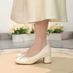 Gentle Satin Bow Block Heel Pumps - white