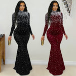 Elegant High Neck Rhinestone Beaded Bodycon Maxi Dress