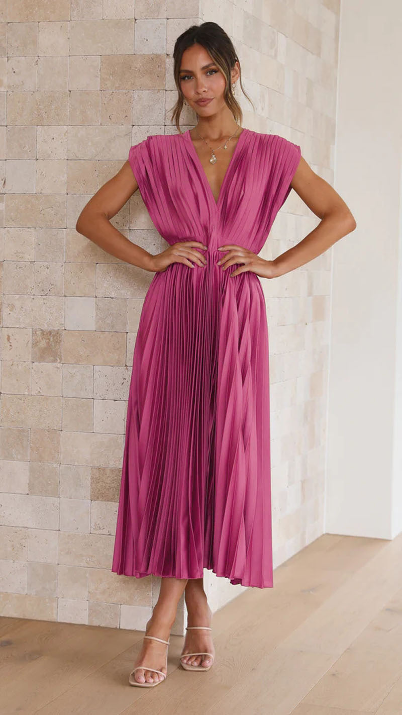 V-neck Pleated Midi Dress