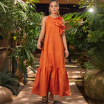 Ruffled-Trim Round-Neck Sleeveless Midi Dress - Orange Red