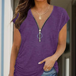 Full Size Half Zip Cap Sleeve T-Shirt -runwayfashionista.com