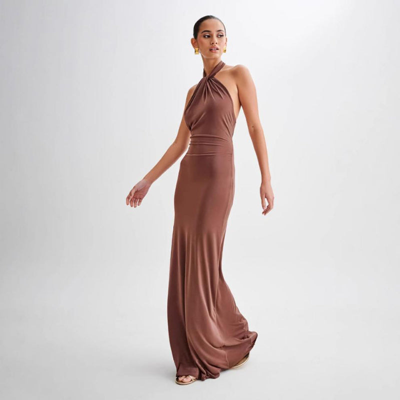 Bodycon Halter Backless Maxi Dresses - brown