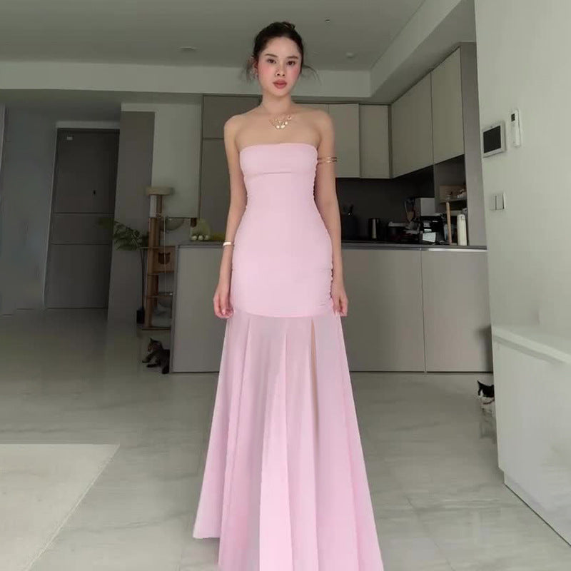 🖤 THE BREEZE-READY ICON: Strapless Mesh Midi Dress with Slit Skirt - pink