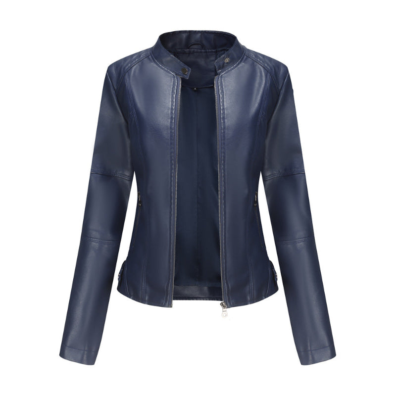 Zip-up Leather Jacket - navy blue