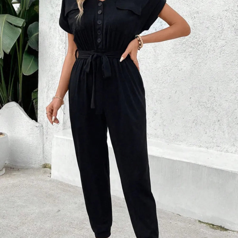V-Neck Short Sleeve Jumpsuit - runwayfashionista.com