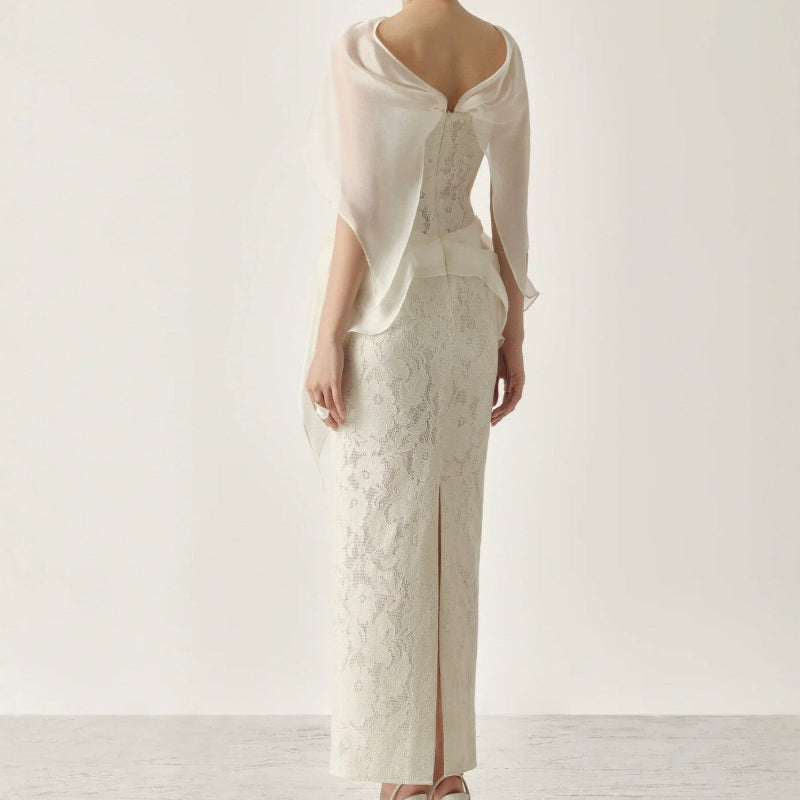 Cream Floral Lace Strapless Sweetheart Corset-Boned Detachable Asymmetric Ruffle-Overlay Midi Dress