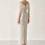 Cream Floral Lace Strapless Sweetheart Corset-Boned Detachable Asymmetric Ruffle-Overlay Midi Dress