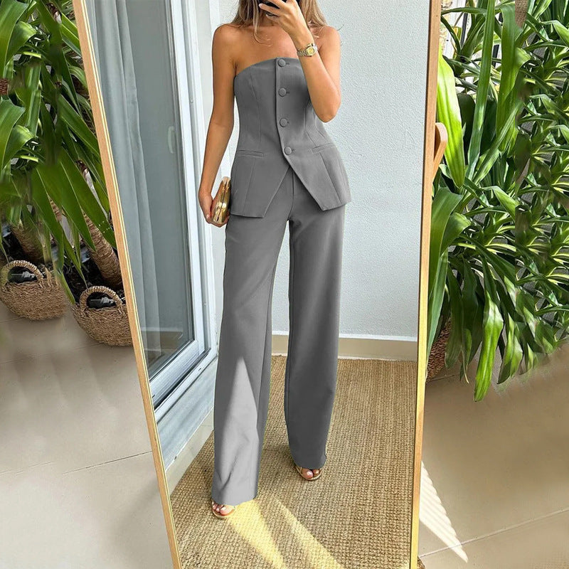 Graceful Tube Top And Straight Pants Trousers Set