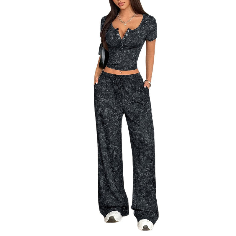 Short Sleeve Wide Leg Long Pants Set