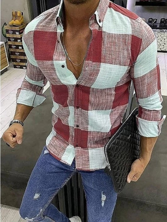 Men's Bold Windowpane Plaid Check Button-Down Long-Sleeve Casual Shirt — 5 Colours