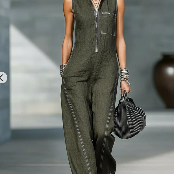 Stand-up Collar Jumpsuit With Pockets - black