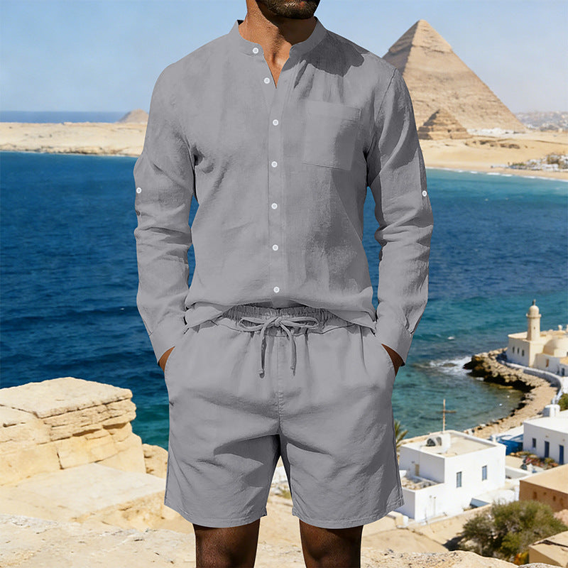 Casual Linen Shirt And Shorts Set - blue