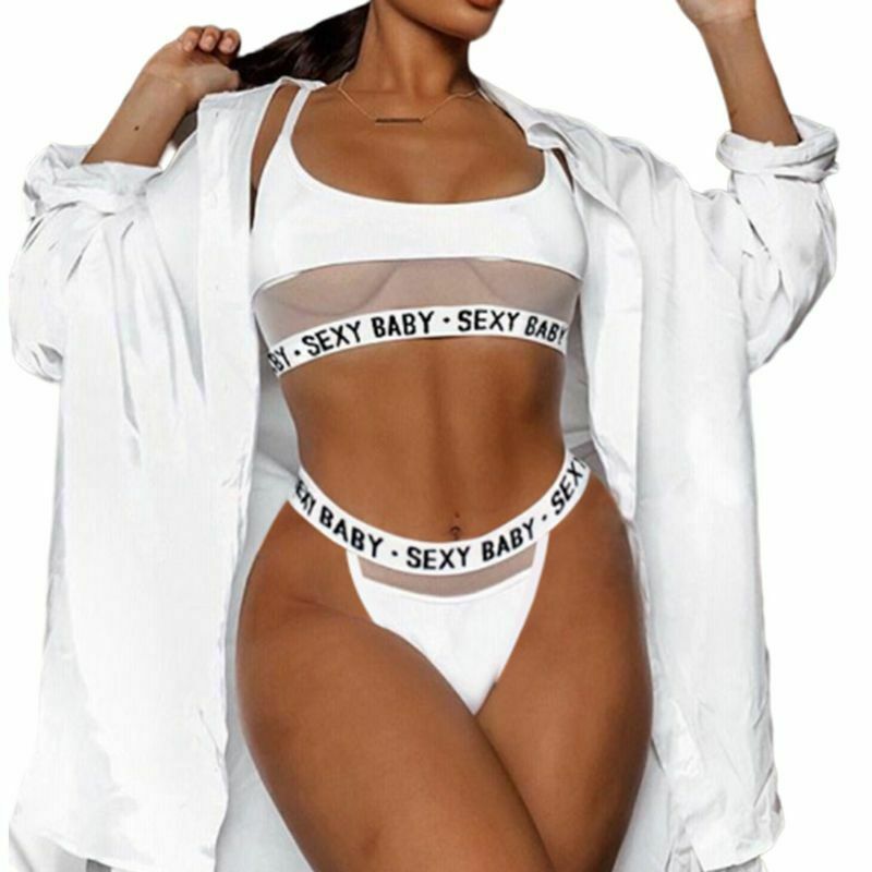 openwork letters split bikini - white