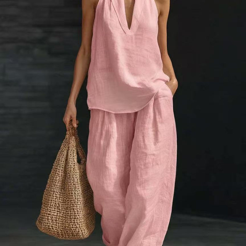 Sleeveless V-neck Halter Top And Wide-leg Pants - pink