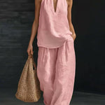 Sleeveless V-neck Halter Top And Wide-leg Pants - pink
