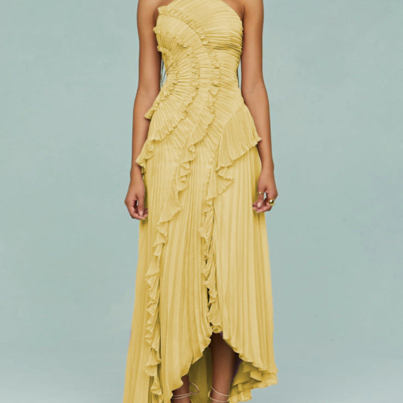 Ruffled Pleated Halterneck Midi Dress - yllow
