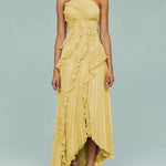 Ruffled Pleated Halterneck Midi Dress - yllow