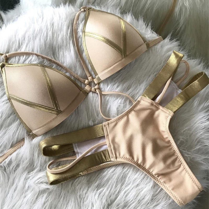 Gold-Trim Cage-Strap Triangle Bikini Set
