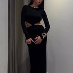 Black Cutout Waist Long-Sleeve Maxi Dress-Includes Waist Chain