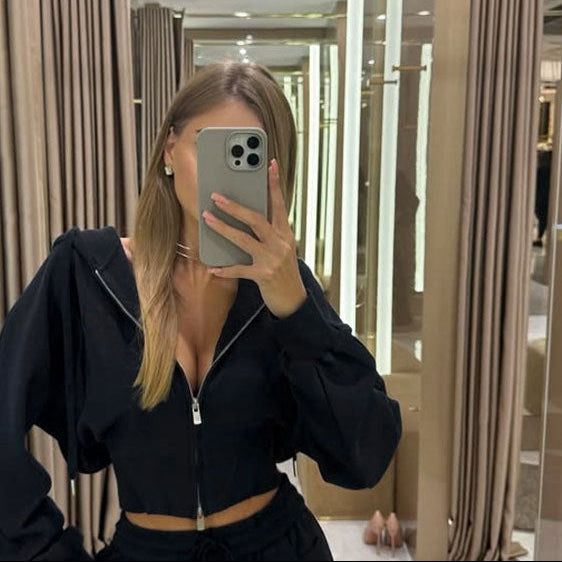 Zip-Up Cropped Hoodie & Wide-Leg Drawstring Jogger Pants Loungewear Two-Piece Co-ord Set