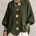 Collared Knit Sweater with Statement Buttons - green