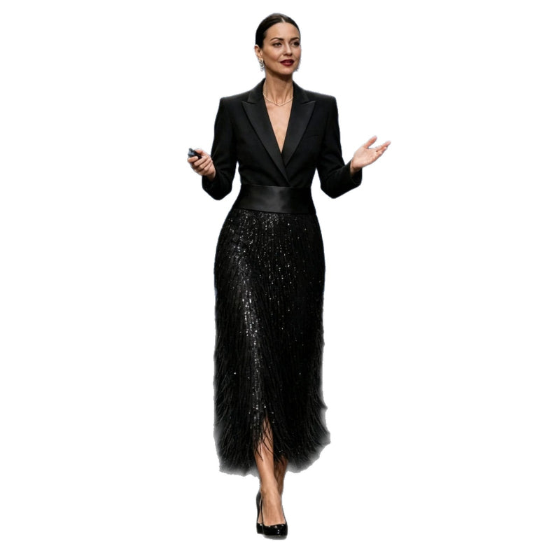 Black Blazer Sequin Fringe Midi Dress