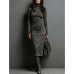 Turtleneck Long-sleeved Midi Dress - dark grey