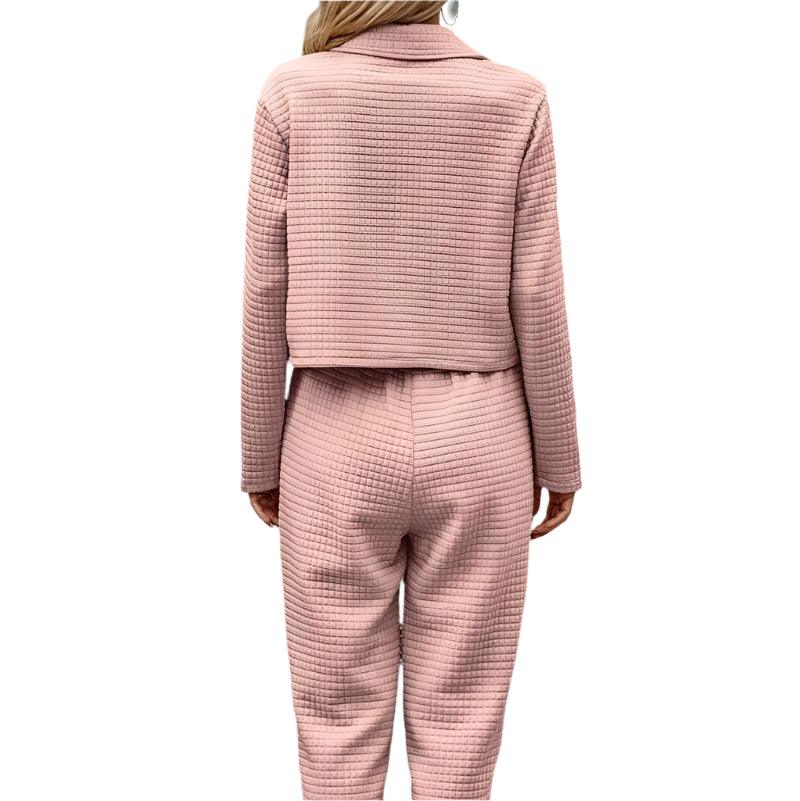 Plaid texture snap down top and pants set - runwayfashionista.com