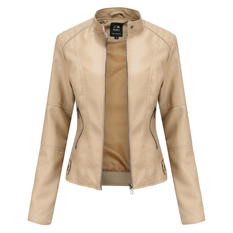 Zip-up Leather Jacket - beige
