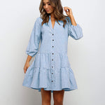 V Neck Button Three-quarter Sleeves Dresses - blue