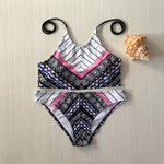 High-Neck Halter Geometric Tribal Print Bikini Set