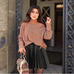 Black Accordion Knife-Pleated Faux-Leather High-Waist Flared Mini Skirt