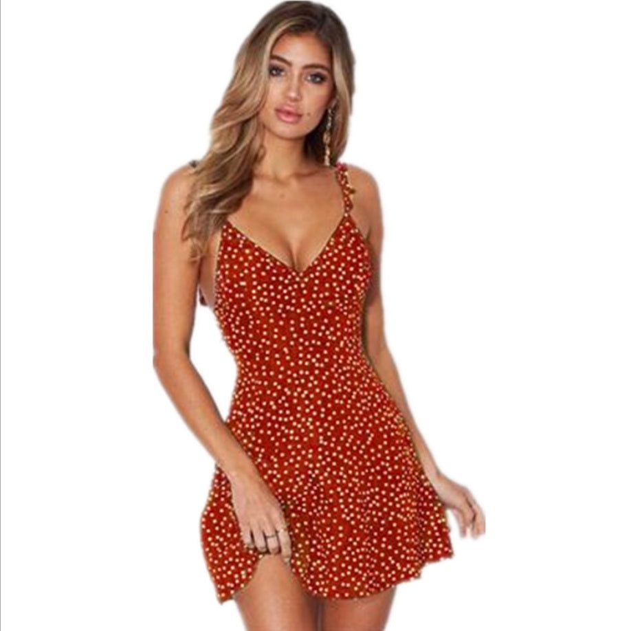 Polka Dot Bow-Strap Ruched-Waist Mini Dress - red