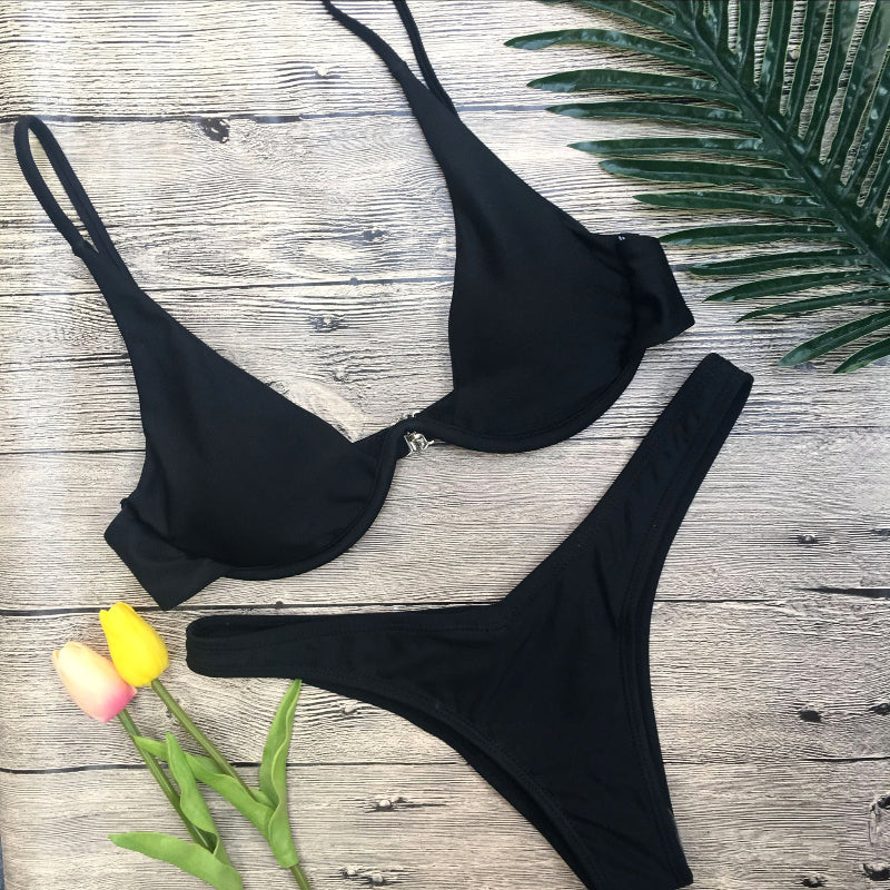 Underwire Push-Up Bikini Set With High-Cut Bottom - black