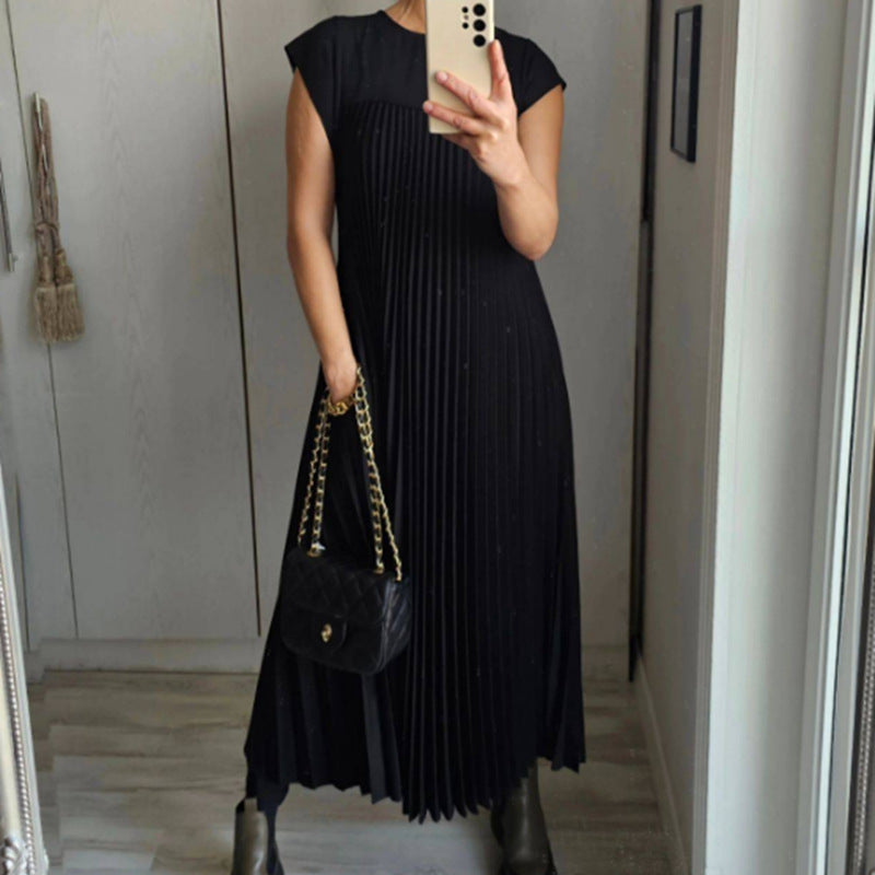 Short Sleeve Pleated Midi Dress - black