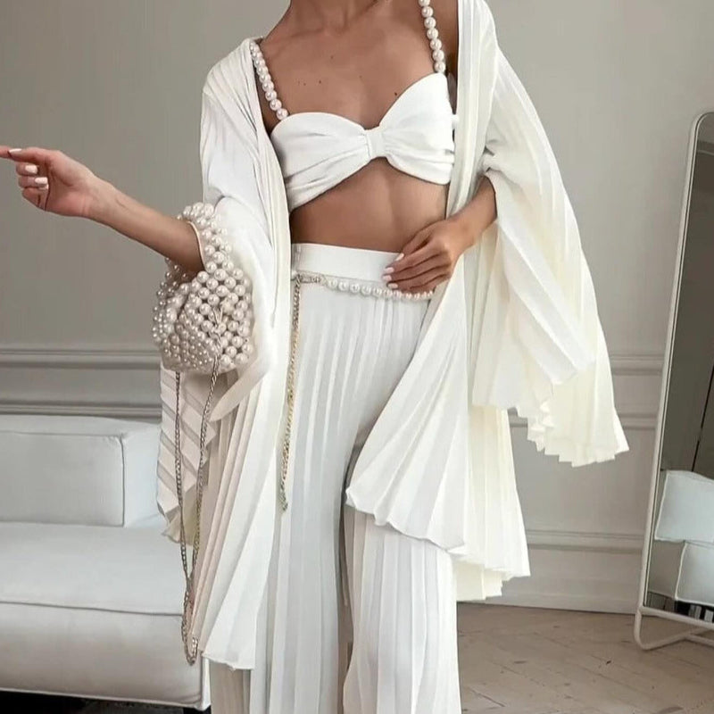 White Pleated Vest Cardigan Three-piece Wide-leg Pants Suit
