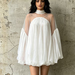 Detachable Choker Cold-Shoulder Balloon-Sleeve Bubble-Hem Mini Dress - white