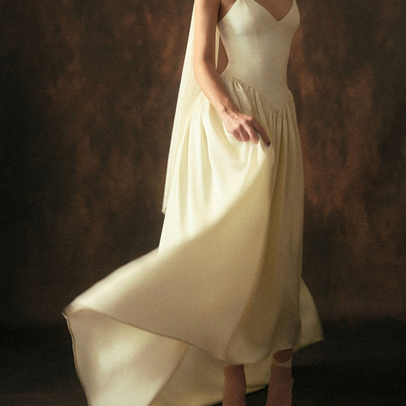 Cream Satin V-Neck Fitted Bodice Full A-Line Gown with Sheer Scarf