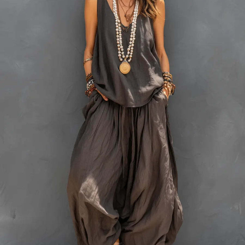 Casual Sleeveless Tank Top And Wide-Leg Pants - brown