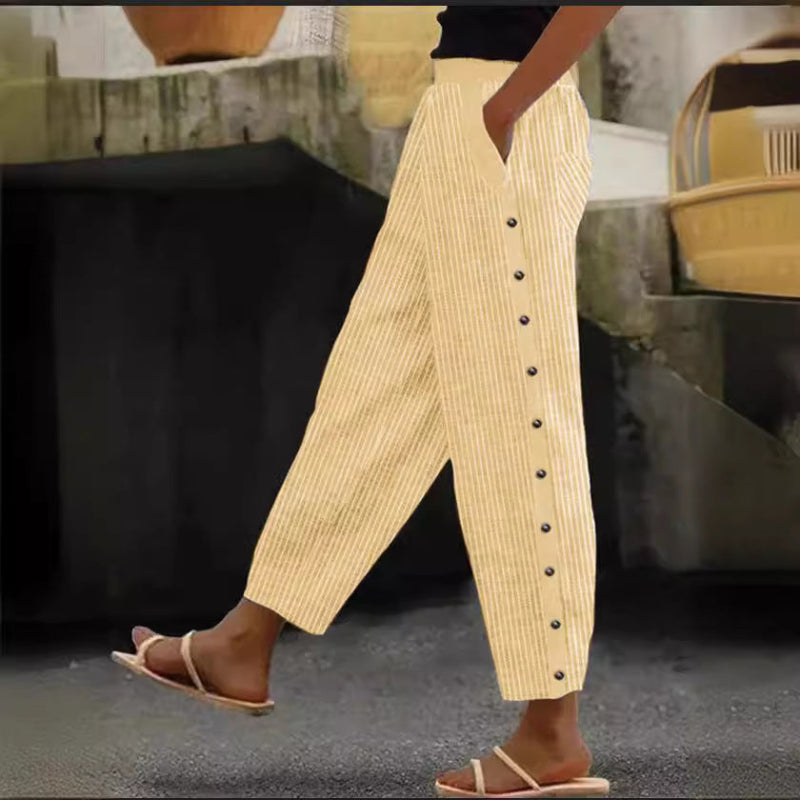 Stripe Buttoned Elastic Waist Nine-Part Pants - khaki
