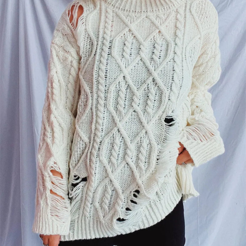 Distressed Cable-Knit Round Neck Long Sleeve Sweater -runwayfashionista.com