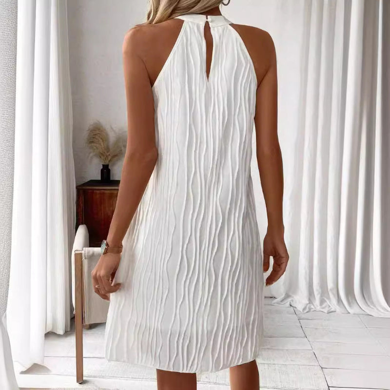 Textured Wave Halter Open-Back Trapeze Dress