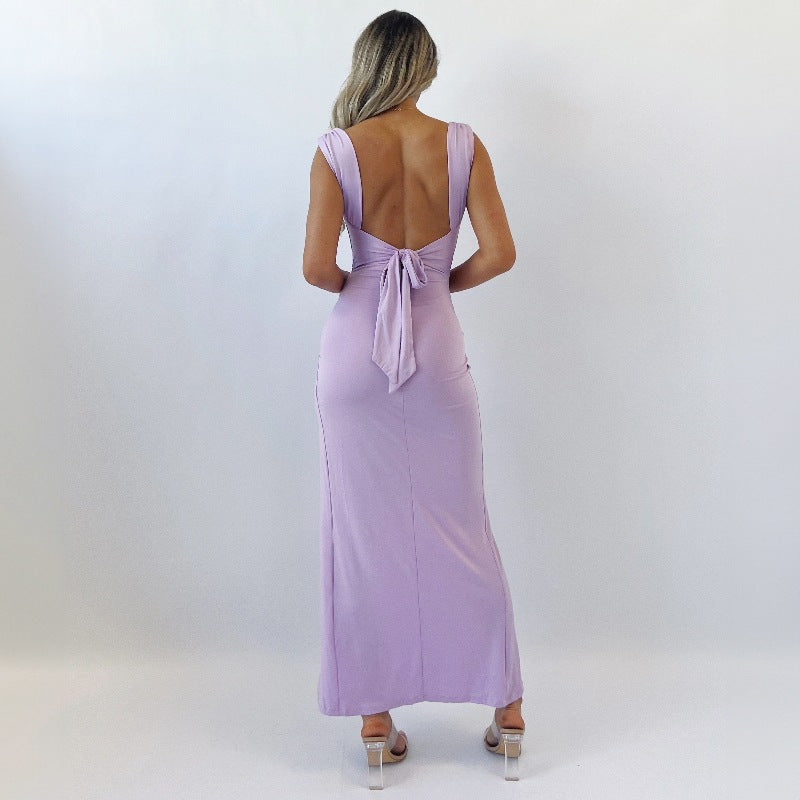 Slim Sleeveless Slit Maxi Dress With Back Tie Design - purple