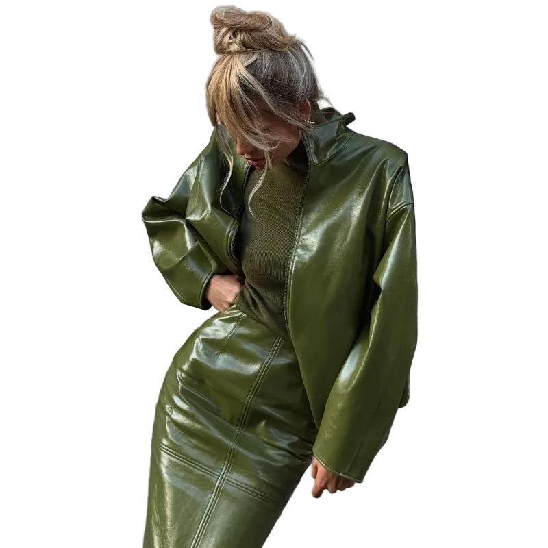 Faux Leather Batwing Zip Jacket & Fitted Midi Skirt Co-Ord - olive green