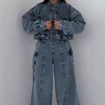 Denim Bandeau Zipper Jumpsuit & Jacket Set - blue