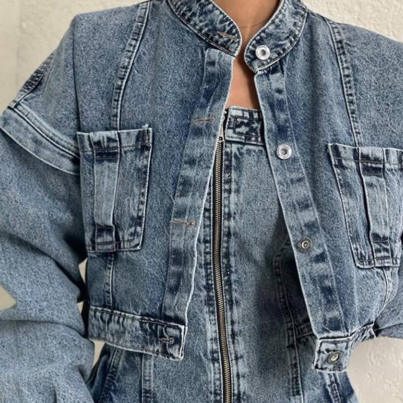 Denim Bandeau Zipper Jumpsuit & Jacket Set blue