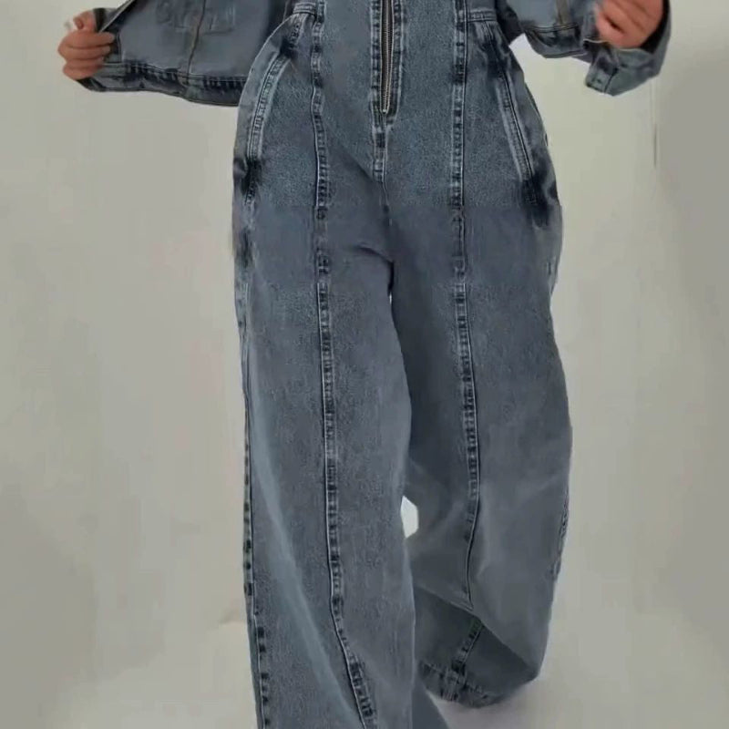 Denim Bandeau Zipper Jumpsuit & Jacket Set - blue