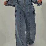Denim Bandeau Zipper Jumpsuit & Jacket Set - blue
