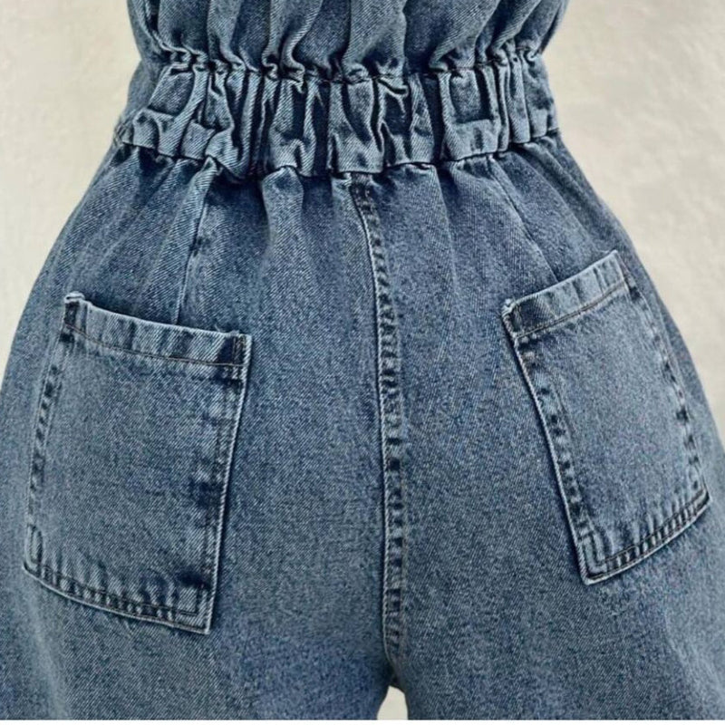 Denim Bandeau Zipper Jumpsuit & Jacket Set - blue