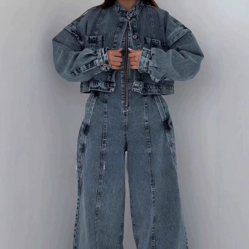 Denim Bandeau Zipper Jumpsuit & Jacket Set blue